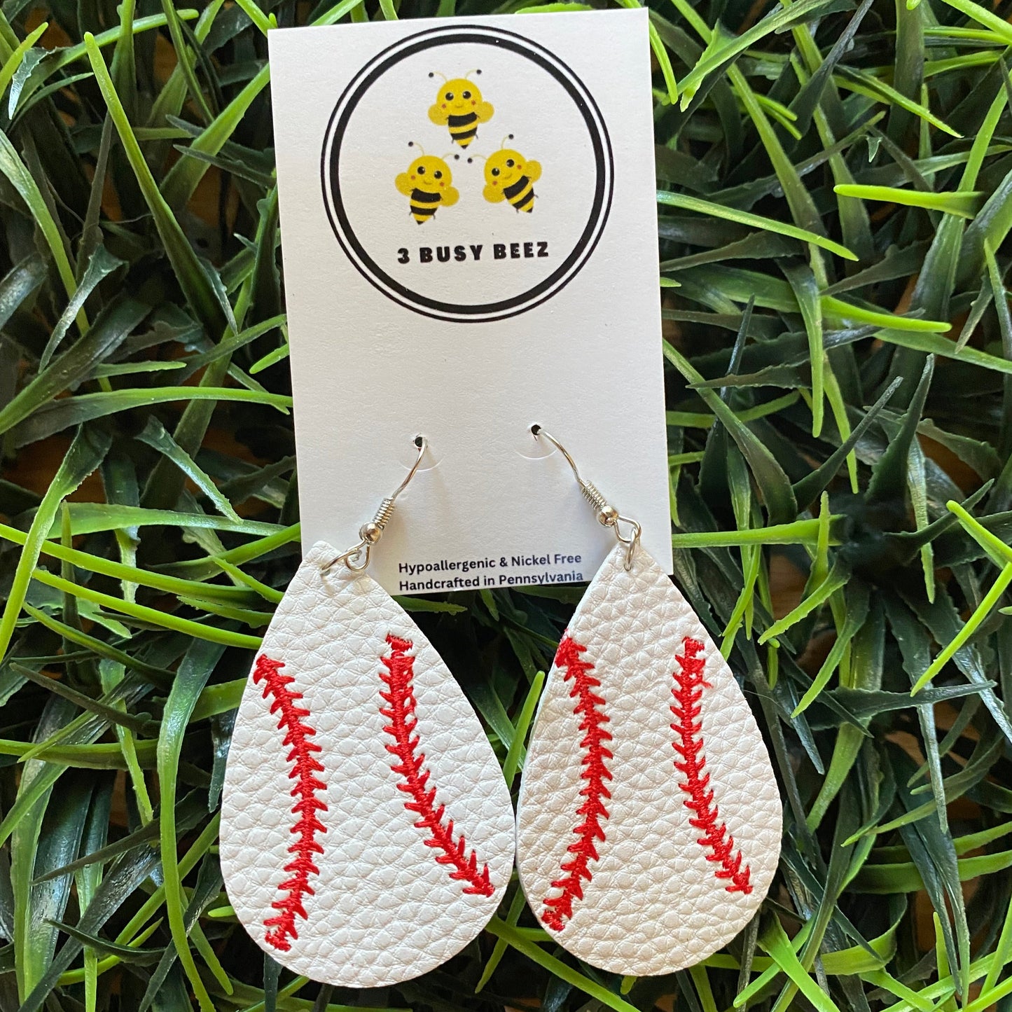 Baseball Faux Leather Teardrop Dangle Earrings with Fish hook posts