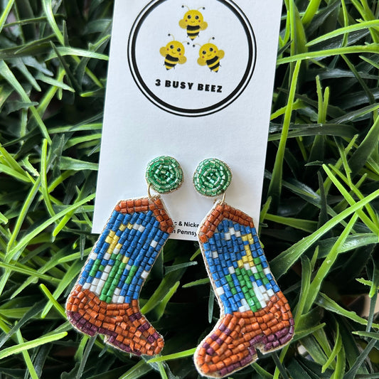 Cowboy Boots - Seed Beaded Dangle Earrings - Navy, Green and Brown