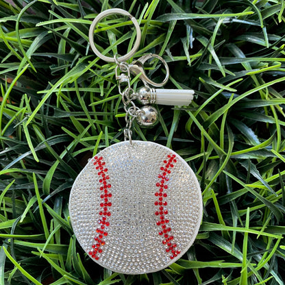 Baseball Keychain with faux suede tassel and rhinestones