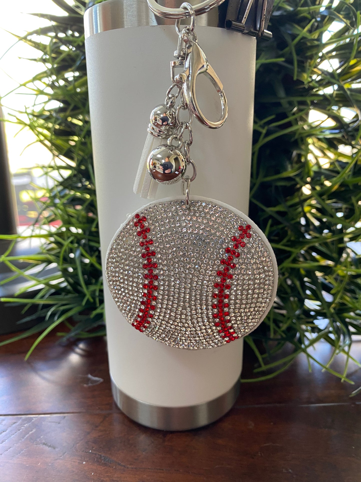 Baseball Keychain with faux suede tassel and rhinestones