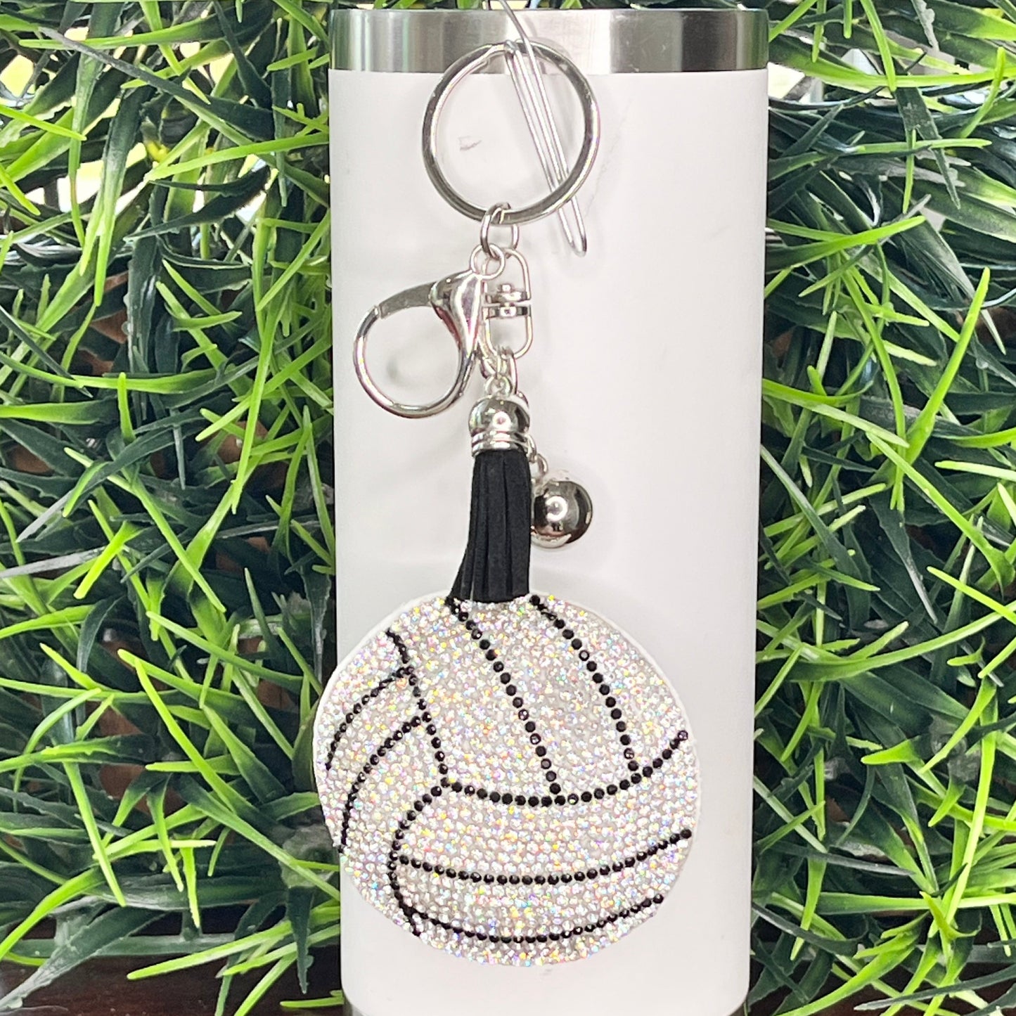 Volleyball  Keychain with faux suede tassel and rhinestones