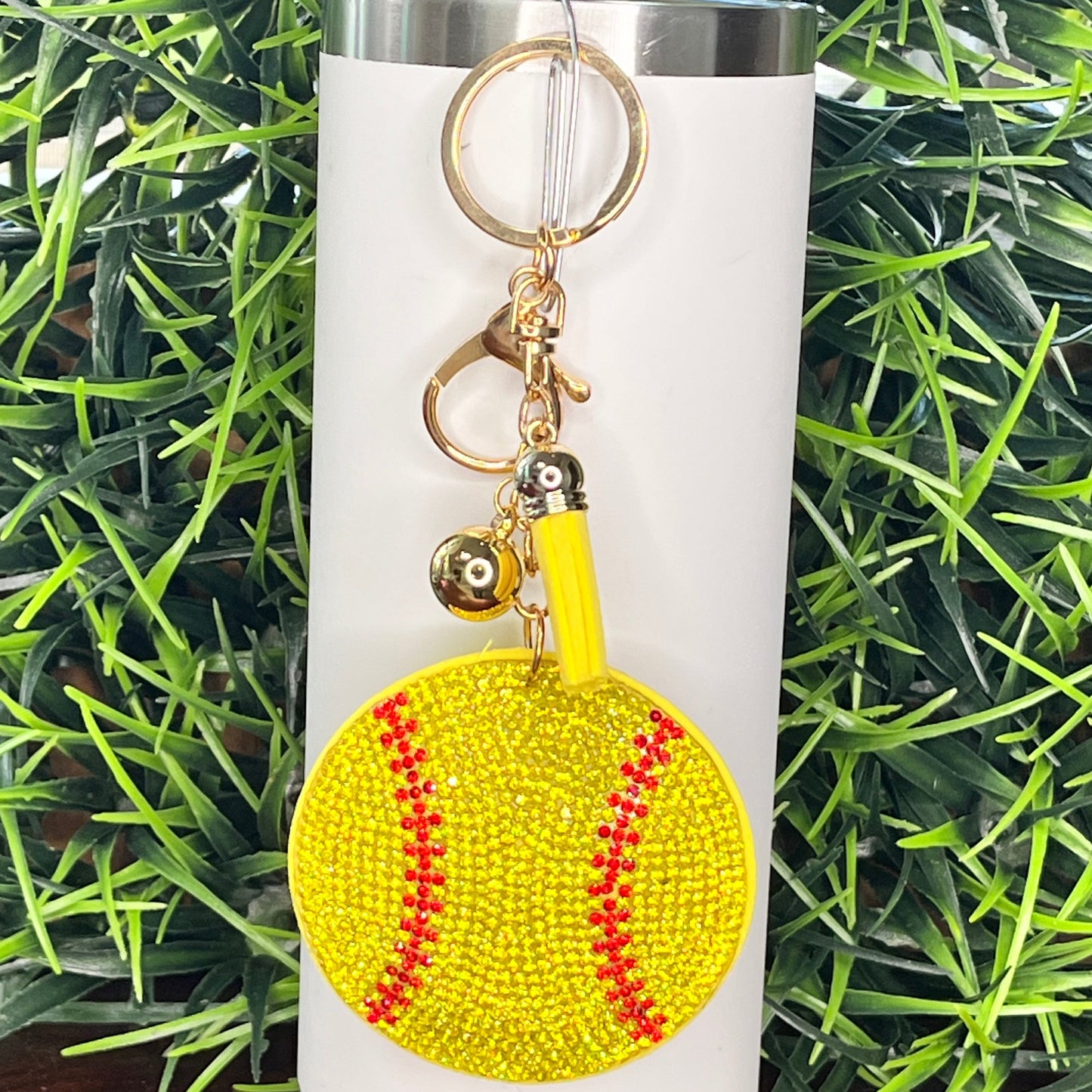 Softball Keychain with faux suede tassel and rhinestones