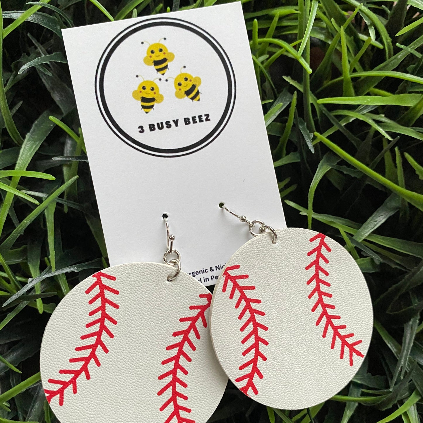 Baseball Faux Leather Round Dangle Earrings with Fish hook posts