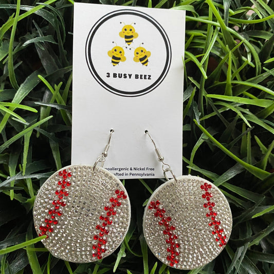 Baseball Rhinestone Puffy Dangle Earrings with fishhook posts