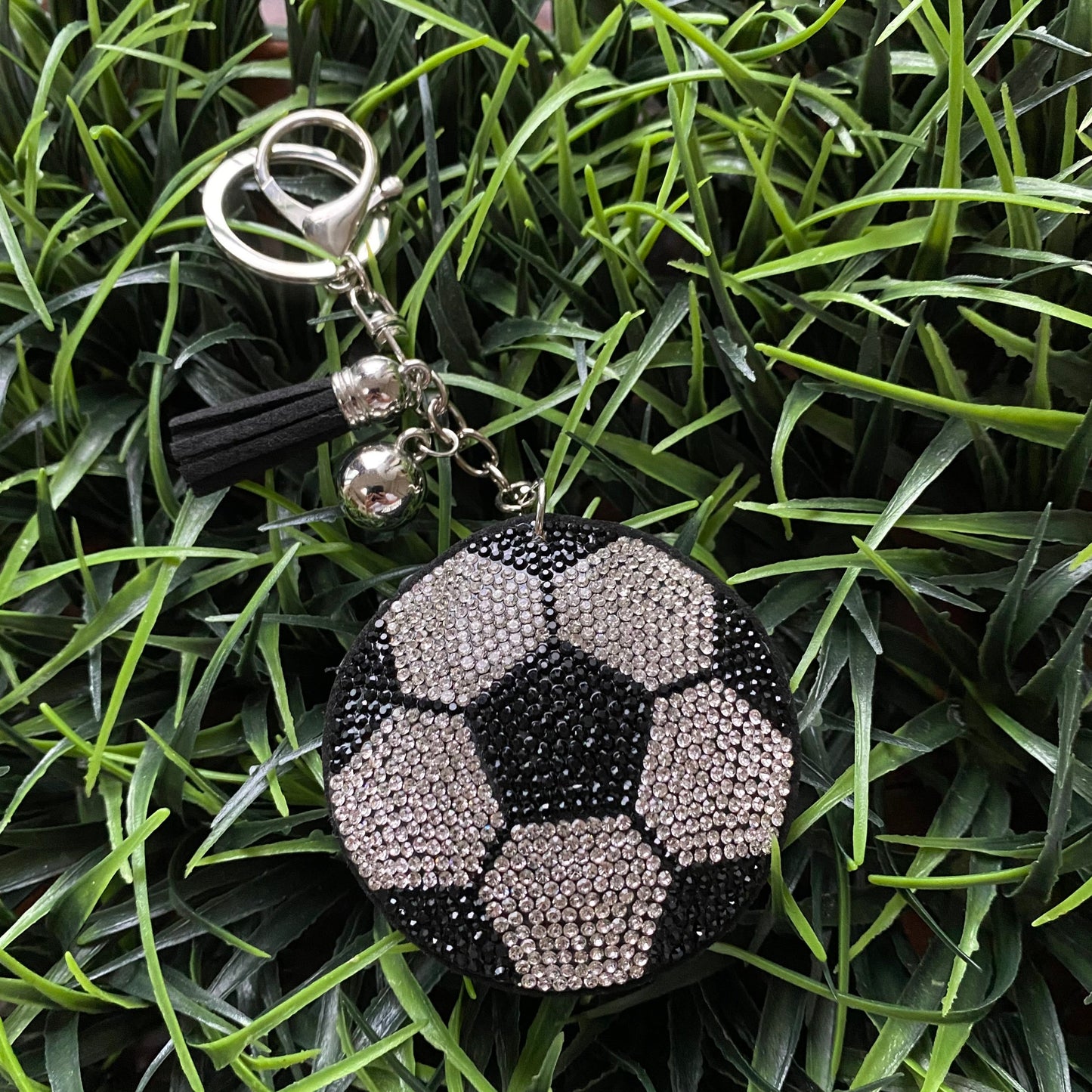 Soccer Ball Keychain with faux suede tassel and rhinestones