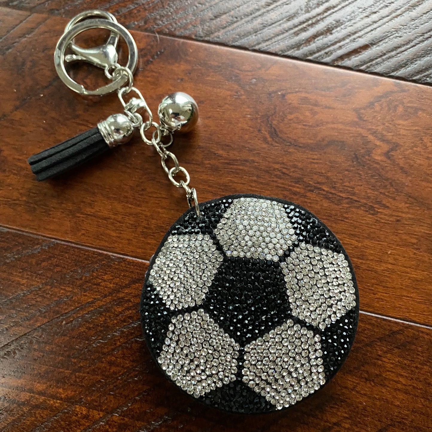 Soccer Ball Keychain with faux suede tassel and rhinestones