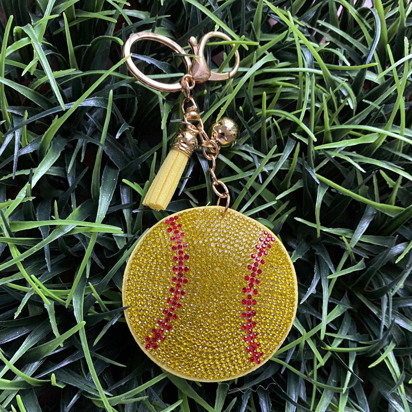 Softball Keychain with faux suede tassel and rhinestones