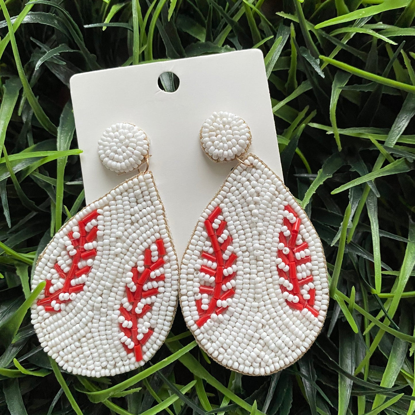 Baseball Teardrop Seed Beaded Earrings