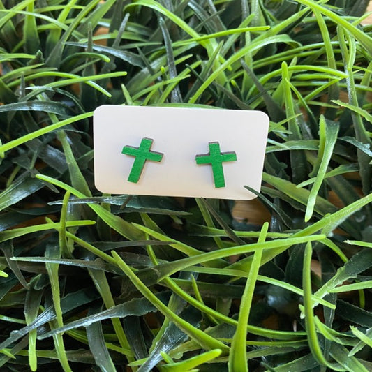 Green Wooden Cross Earrings